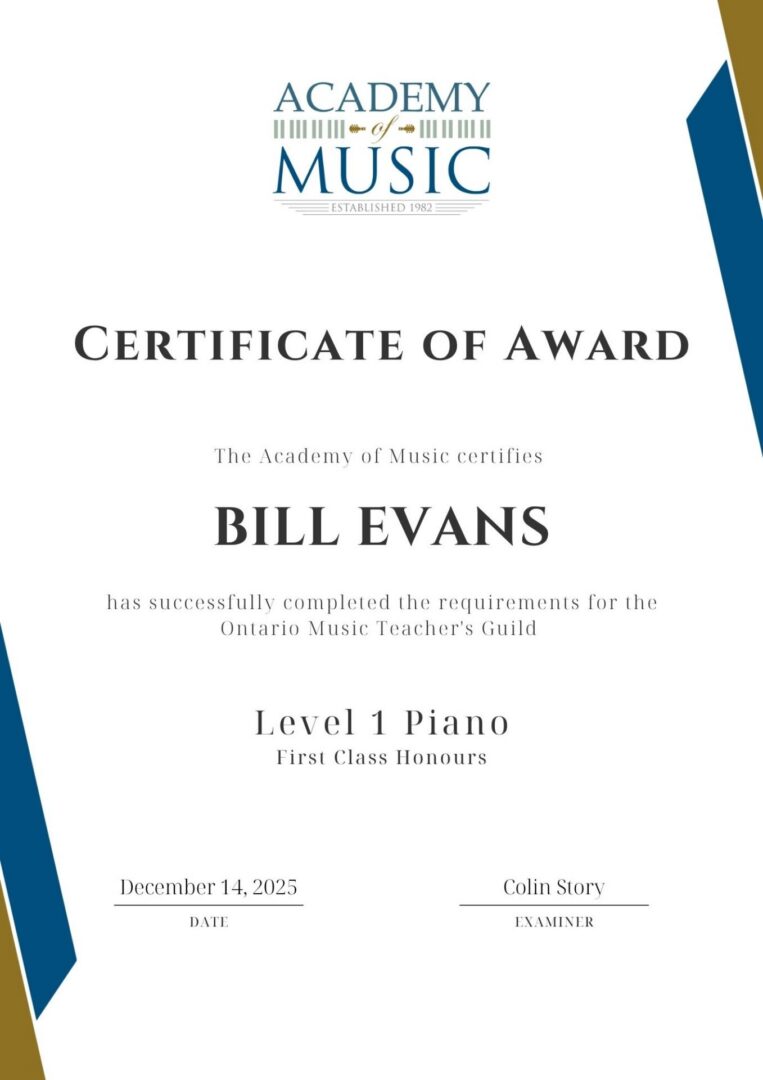 An Academy of Music Certificate of Award for Level 1 Piano, First Class Honours
